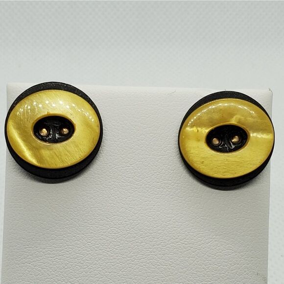 Vintage Yellow & Black Button Earrings - Picture 1 of 3